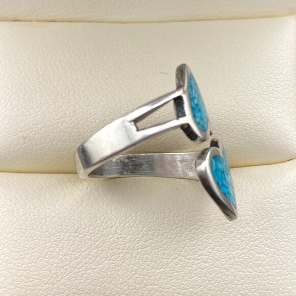Vintage Sterling Silver Adjustable Ring Turquoise Chip Inlay Double Heart Love - Picture 6 of 12